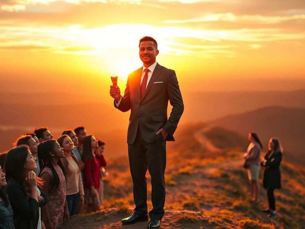 lider confiado en la cima al amanecer con luz calida y esperanza