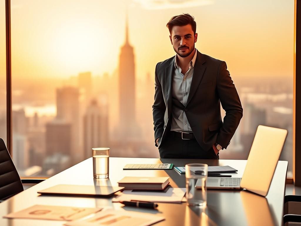 lider confiado en la cima amanecer dorado ciudad y estrategia en primer plano