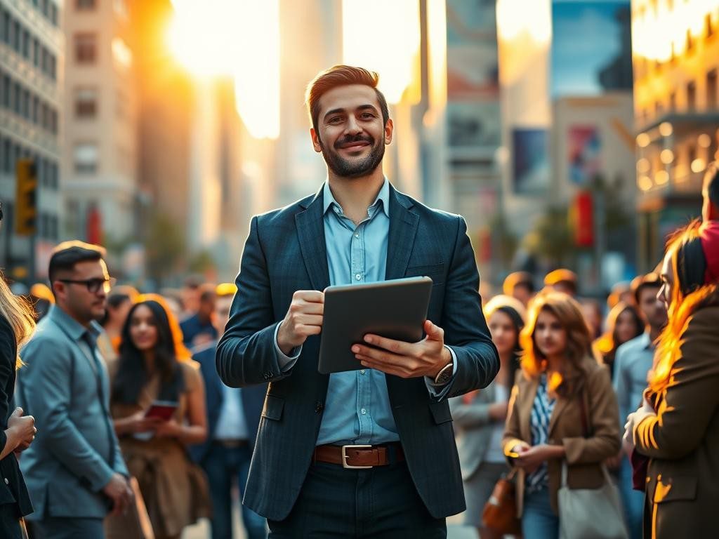 lider confiado en la plaza rodeado de gente en hora dorada inspiracion