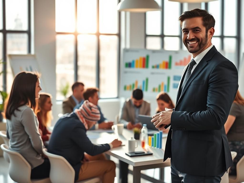 lider confiado en oficina luminosa rodeado de equipo motivado y colaborativo