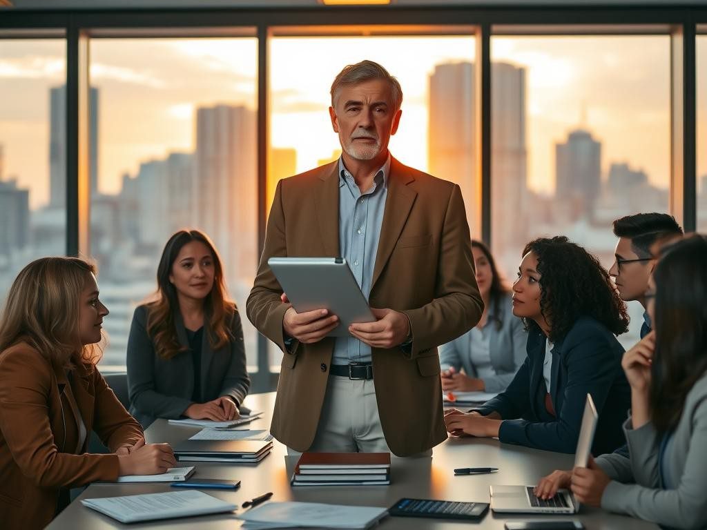 lider confiado en oficina moderna con ciudad al atardecer y equipo atento