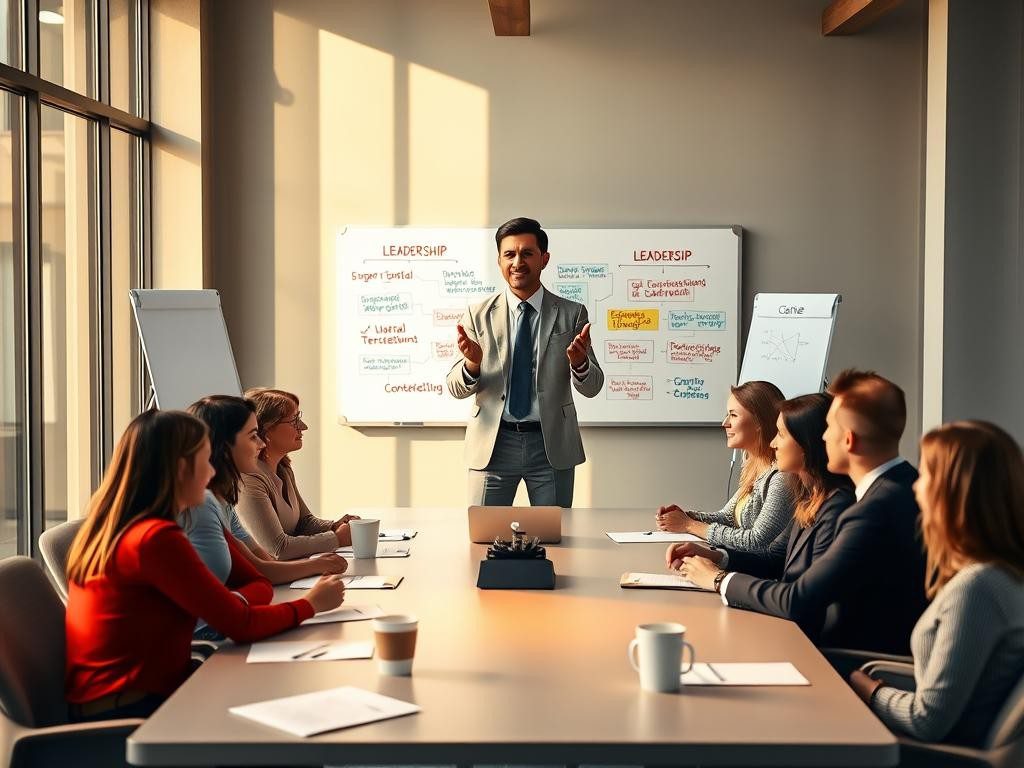 lider confiado en oficina moderna iluminada guiando a equipo atento