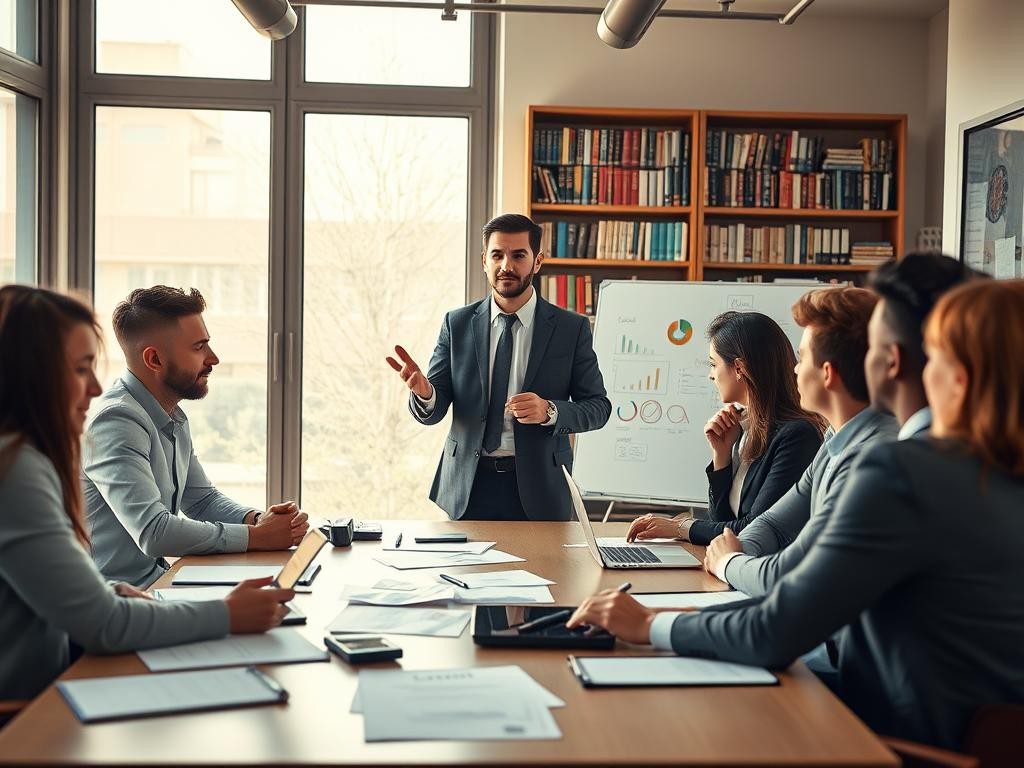 lider confiado en oficina moderna rodeado de equipo colaborador y motivado