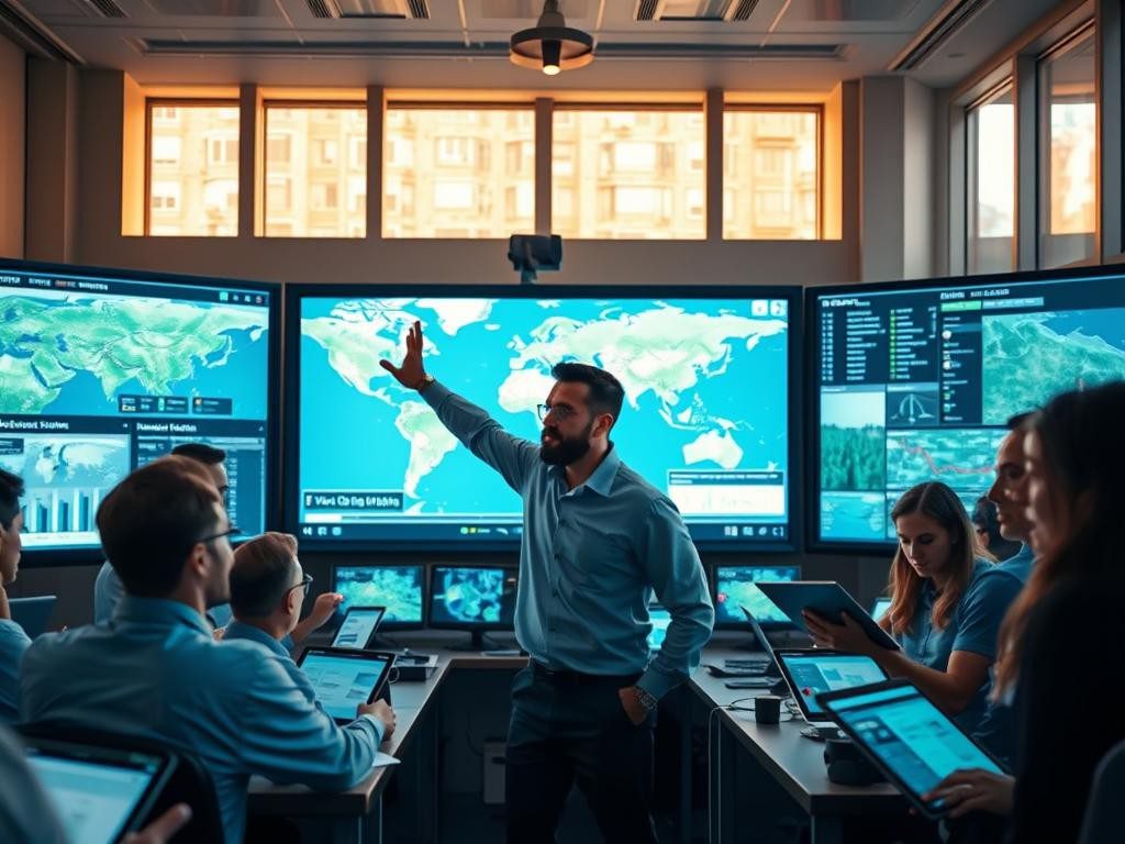 lider confiado en sala llena de pantallas mapas y datos en plena accion