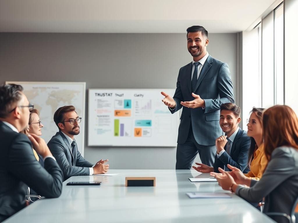 lider confiado en sala moderna comunicando con entusiasmo y colegas atentos