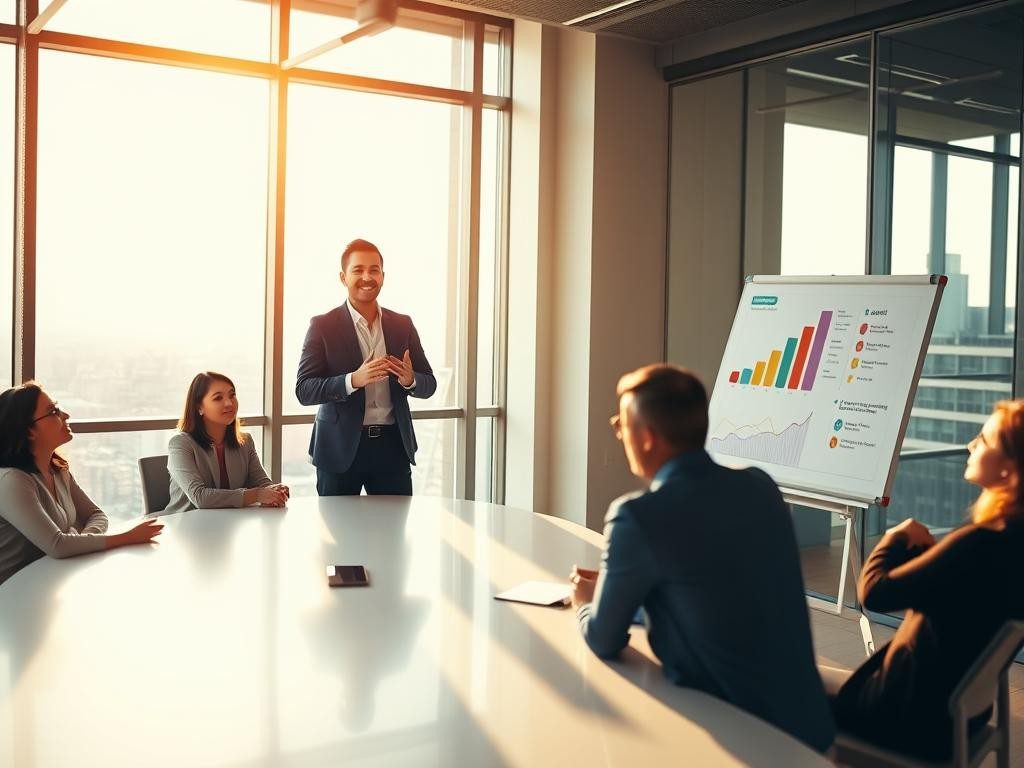 lider confiado en sala moderna con grupo atento y graficos vibrantes