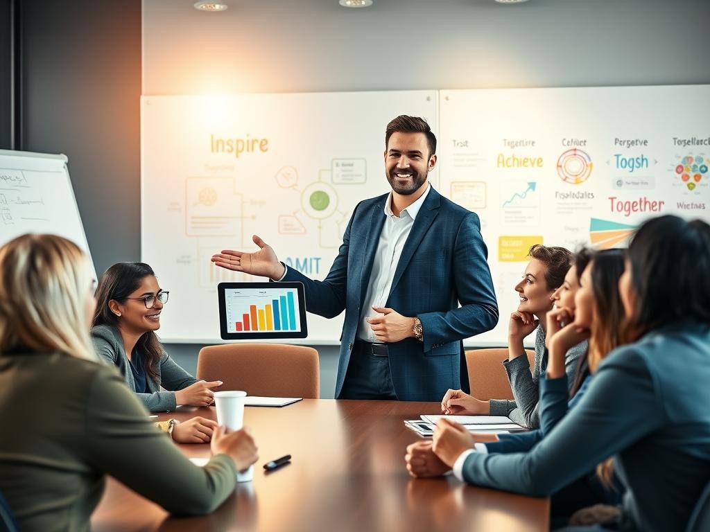lider confiado en sala moderna con luz calida equipo atento y motivado