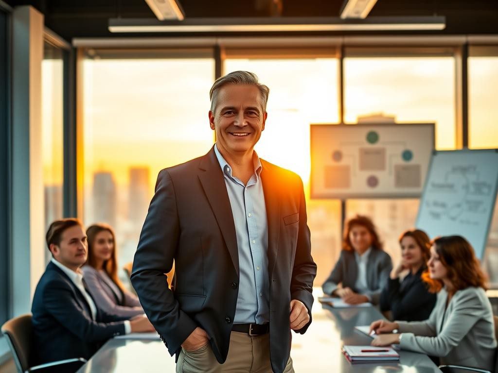 lider confiado en sala moderna con vista urbana y equipo atento