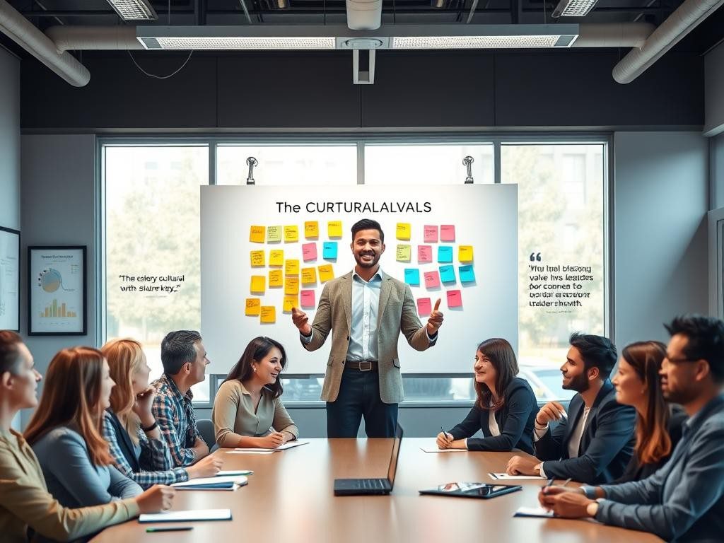 lider confiado en sala moderna equipo diverso notas coloridas ambiente inspirador