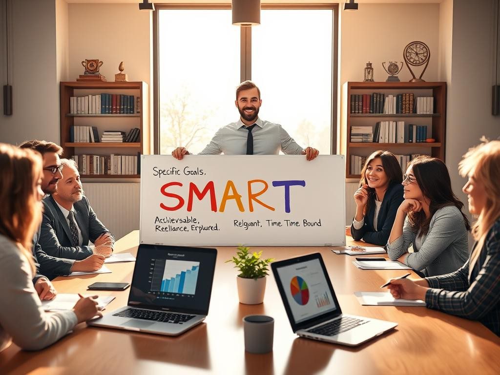 lider confiado en sala moderna equipo motivado metas smart ambiente positivo