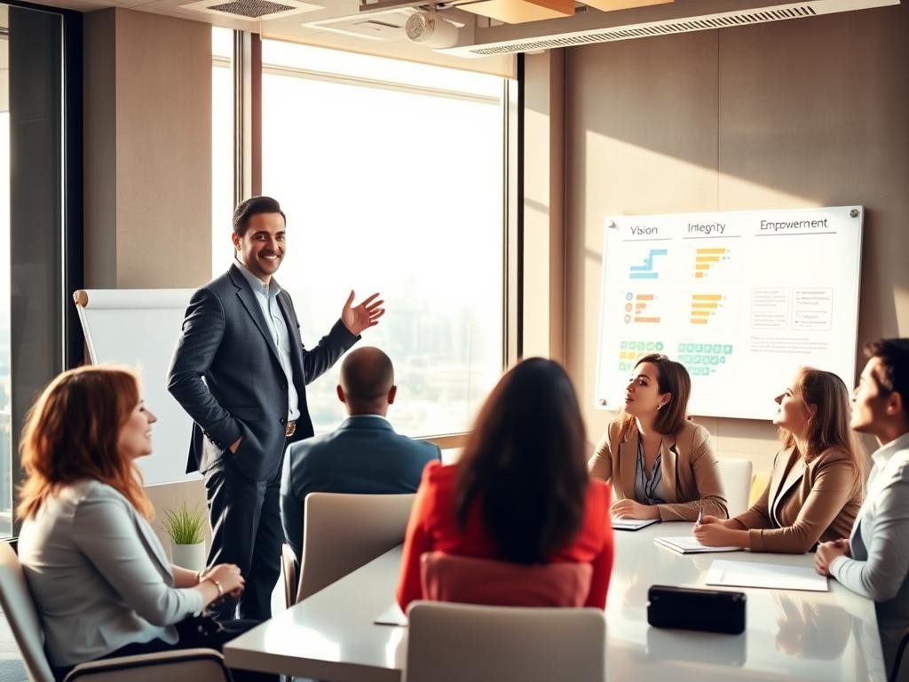 lider confiado en sala moderna luz calida equipo atento y motivado