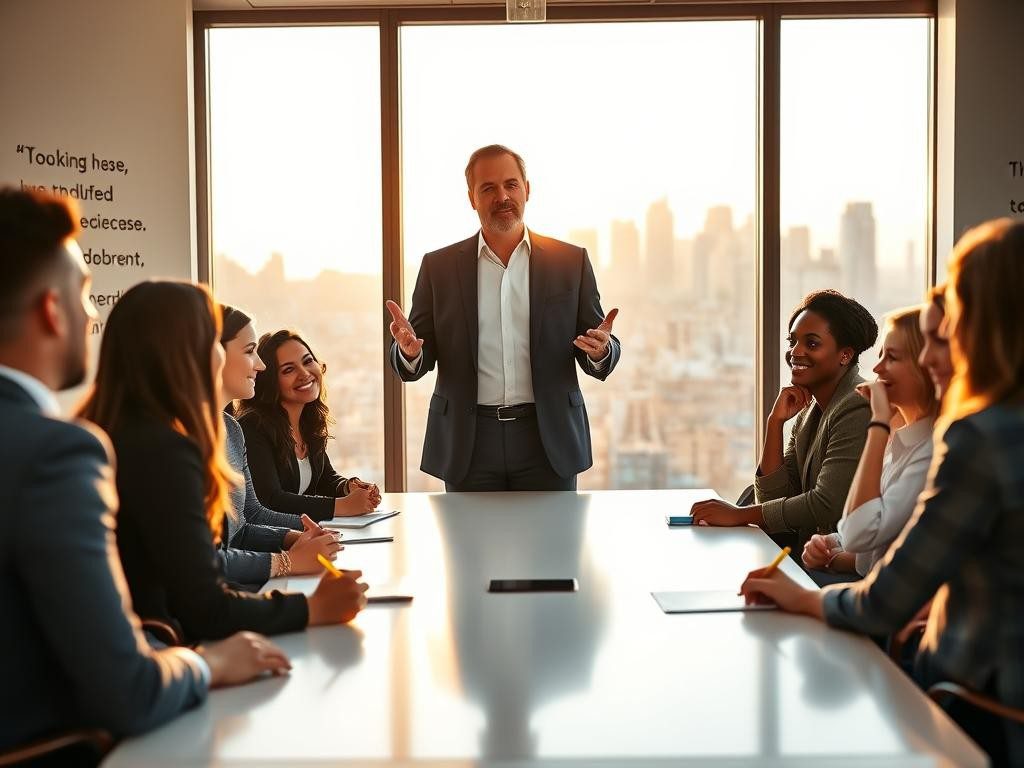 lider confiado en sala moderna natural con equipo atento y motivado