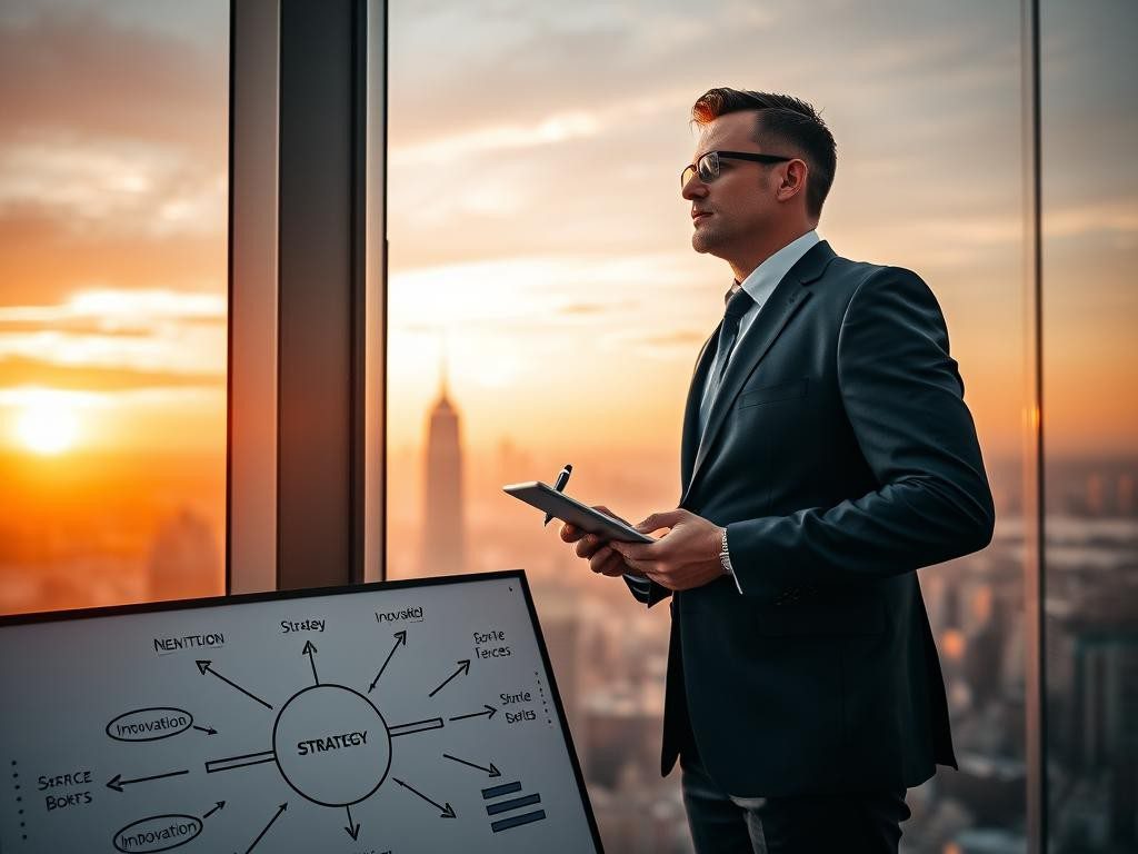 lider confiado en un rascacielos al atardecer con ciudad brillante y vision clara