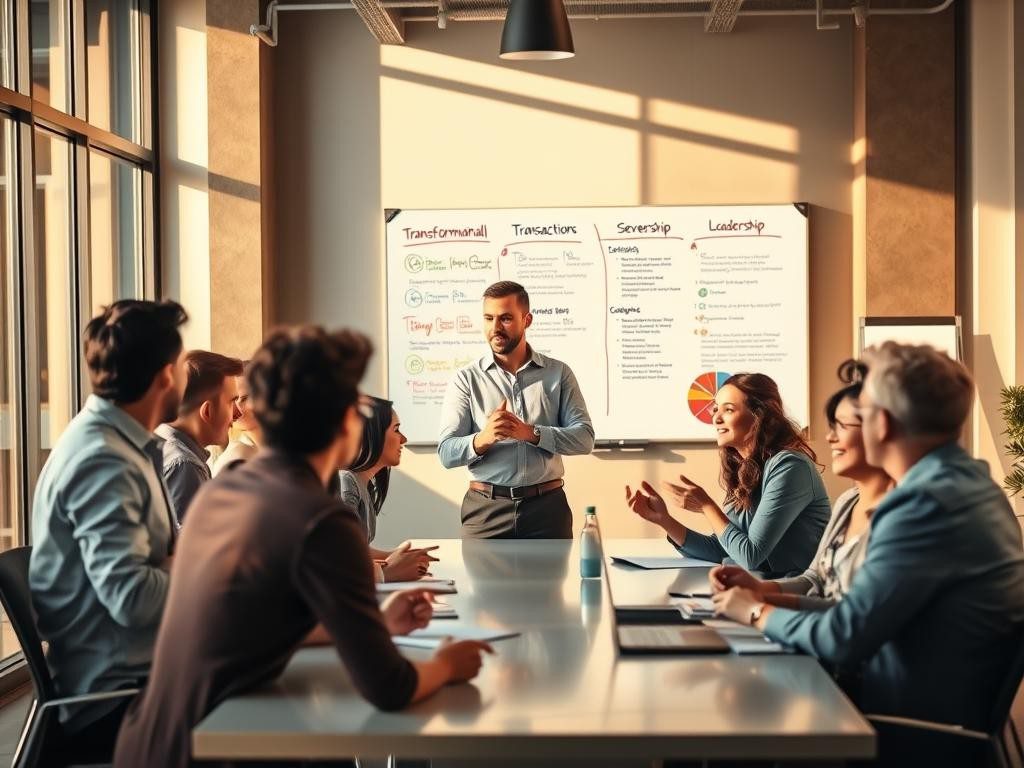 lider confiado inspira a equipo diverso en oficina luminosa y colaborativa