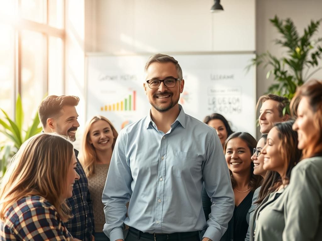 lider confiado inspira a un equipo diverso en espacio luminoso y moderno