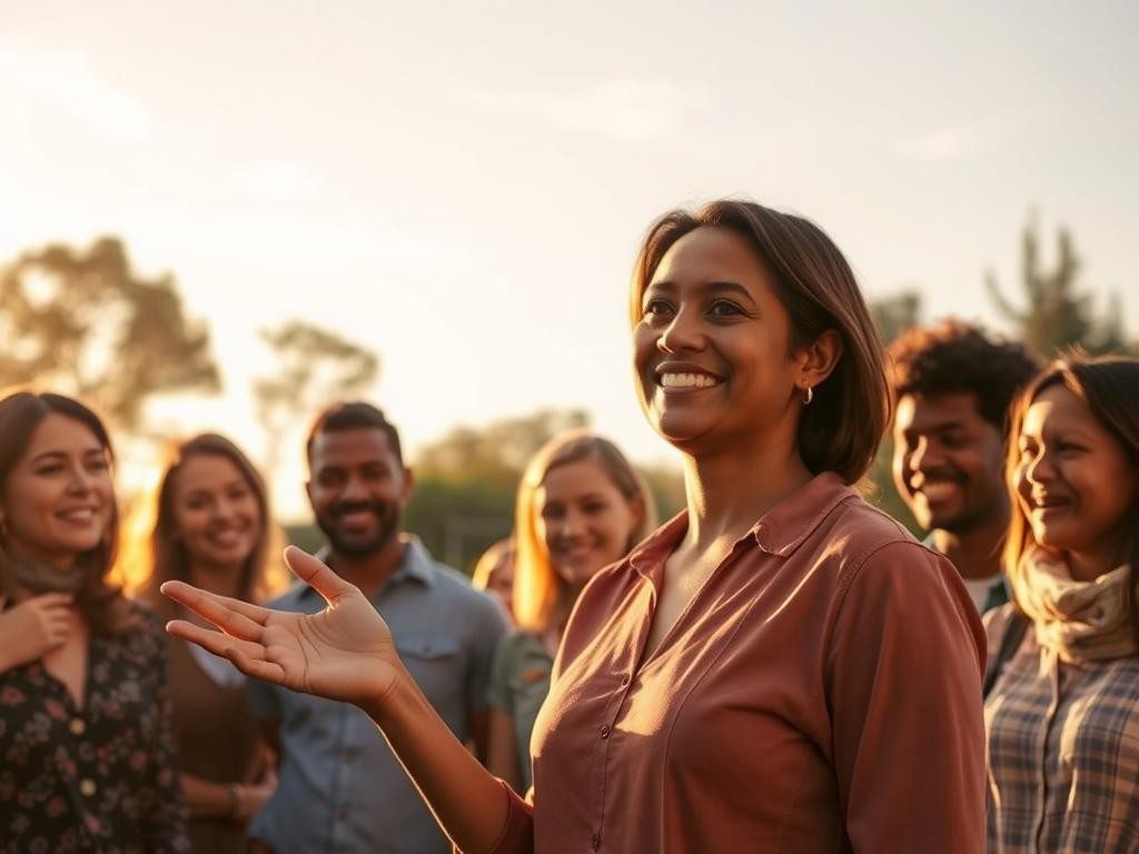 lider confiado inspira a un grupo diverso en un atardecer calido y esperanzador