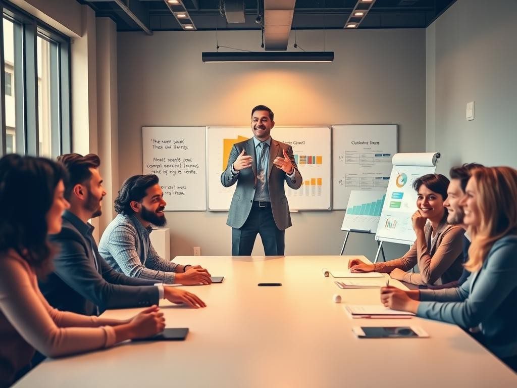 lider confiado inspira equipo en oficina moderna con luz calida y colaboracion
