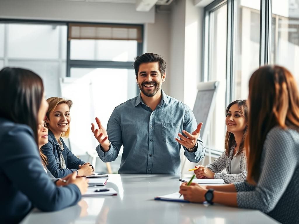 lider confiado y sonriente en oficina moderna rodeado de equipo atento
