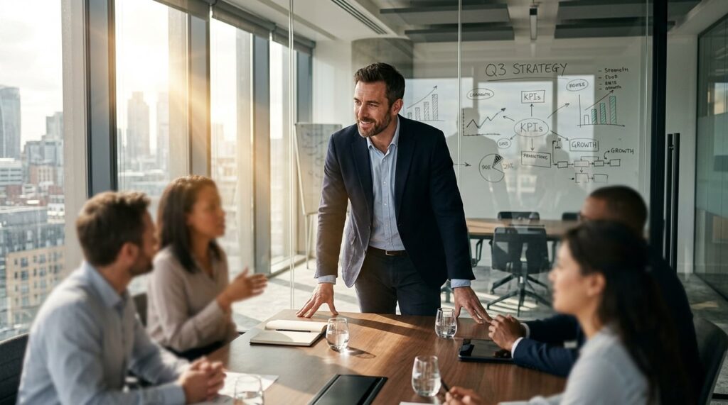 lider corporativo escucha atentamente a su equipo en reunion