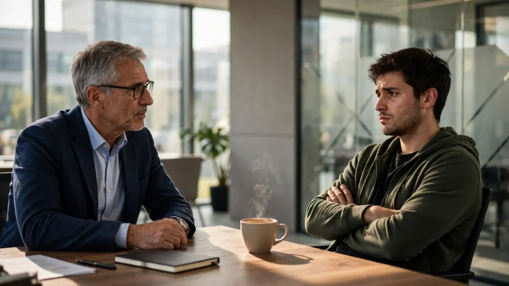 lider de equipo dialogando con colega en oficina moderna