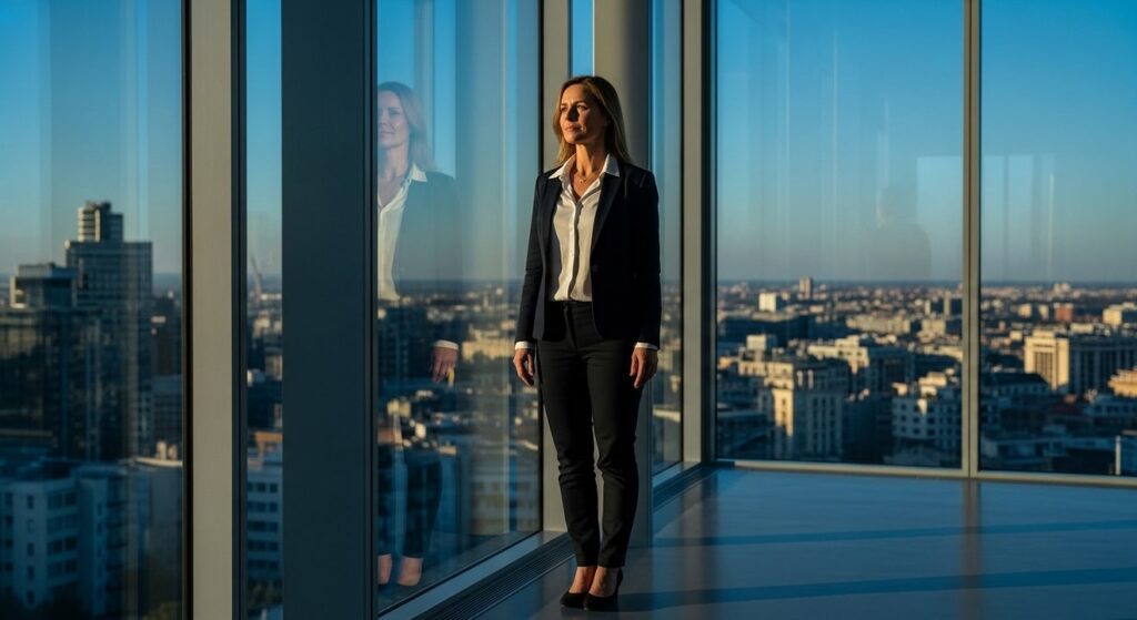 lider ejecutiva contempla ciudad desde oficina moderna al atardecer
