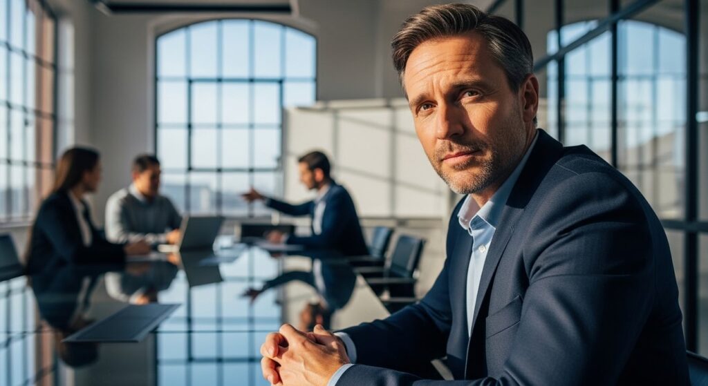 lider empresarial reflexivo sentado en mesa de oficina moderna