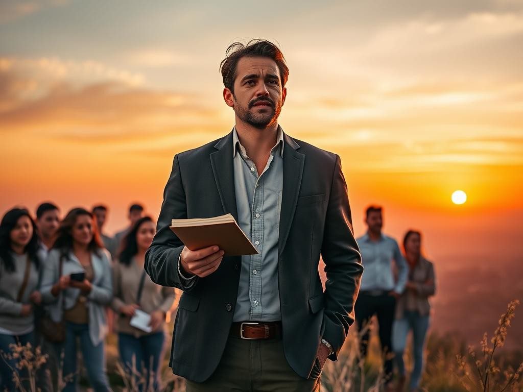 lider en cima de colina al amanecer inspirando con energia y vision