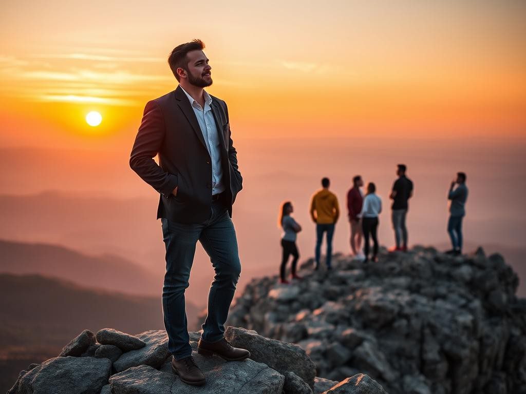 lider en cumbre al amanecer con grupo diverso en paisaje inspirador
