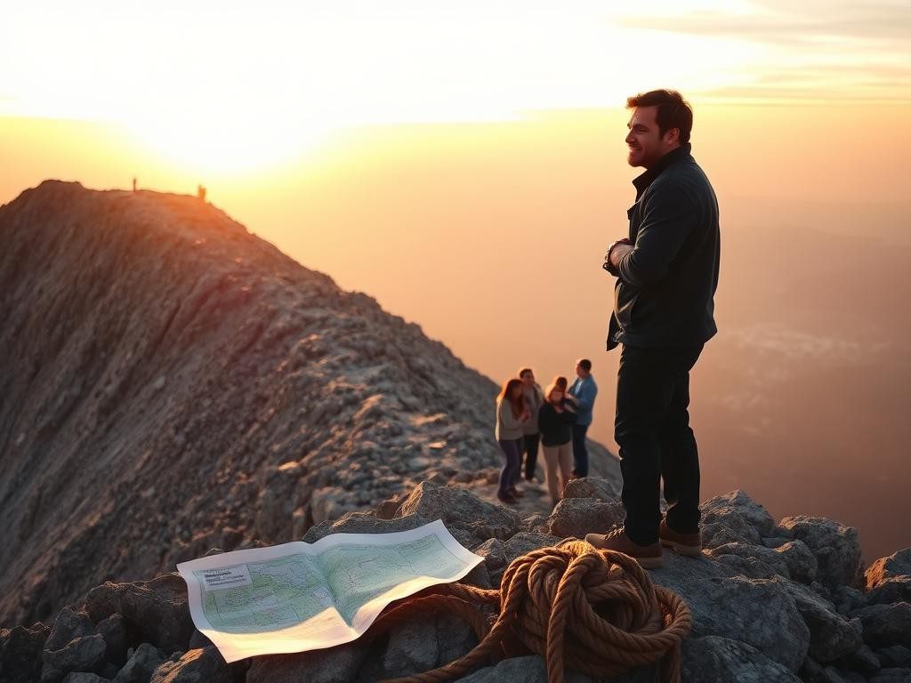 lider en cumbre al amanecer rodeado de naturaleza y simbolismos de liderazgo