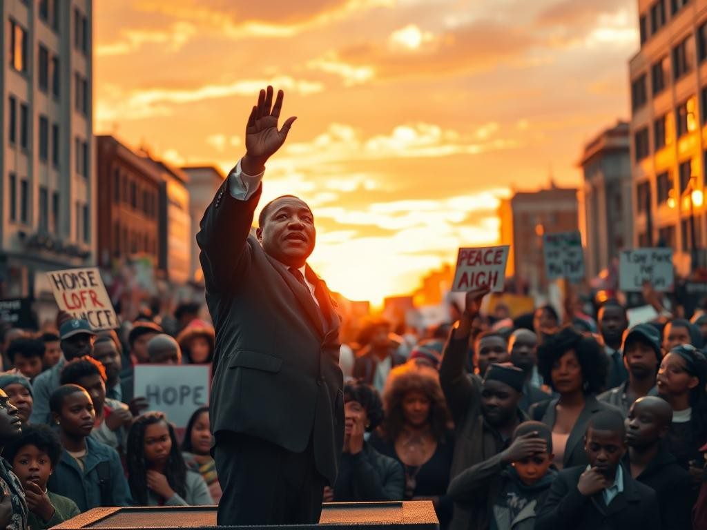 lider en escenario urbano al atardecer rodeado de gente esperanzada