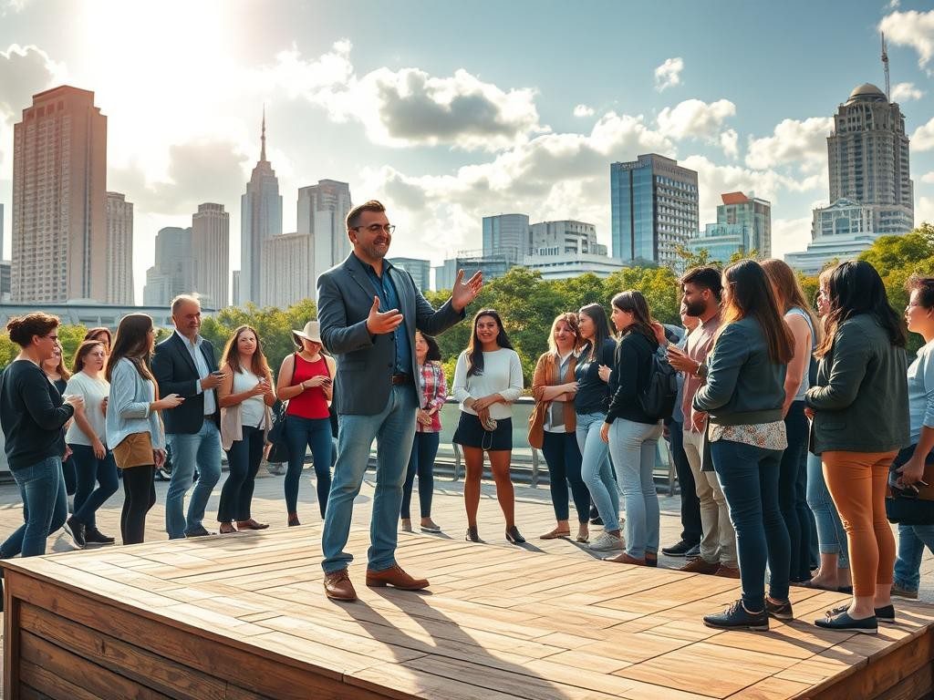 lider en plataforma grupo diverso ciudad vibrante luz dorada energia