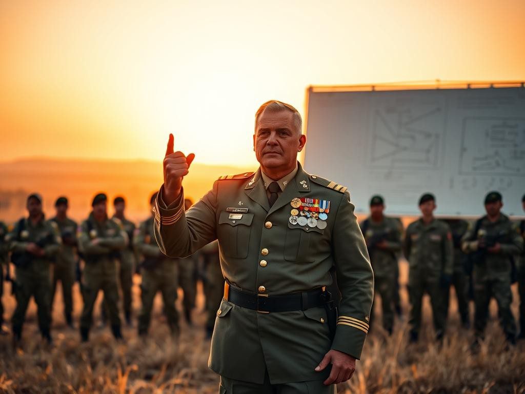 lider firme en el amanecer con soldados atentos y plan estrategico visible