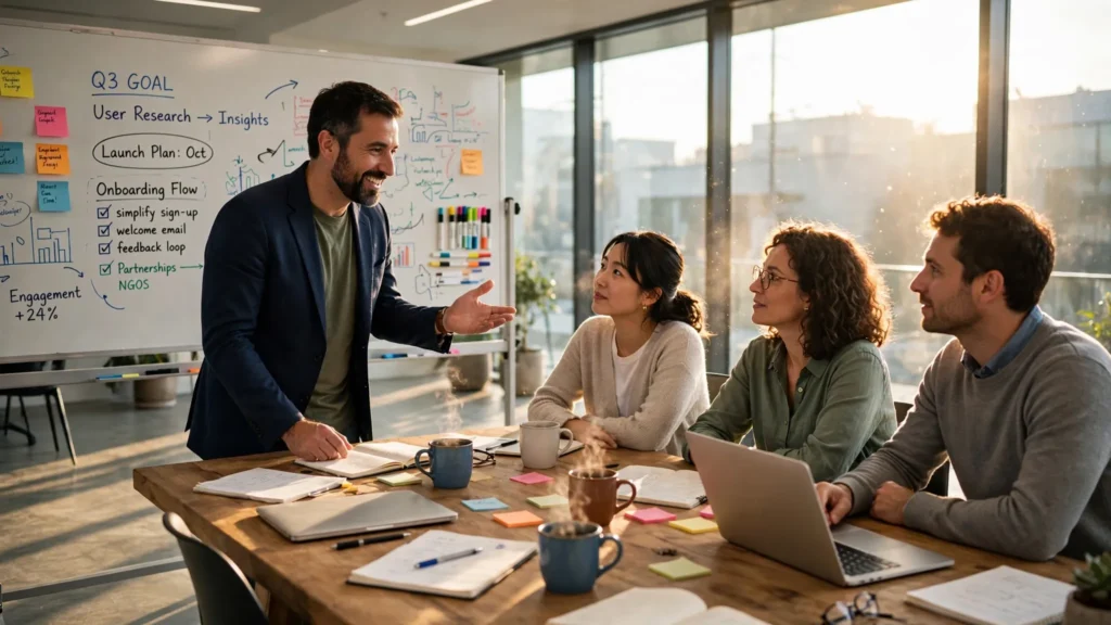 lider guia a equipo reunido en mesa de trabajo