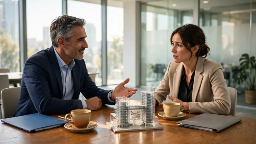 lider hablando con un empleado preocupado en sala iluminada
