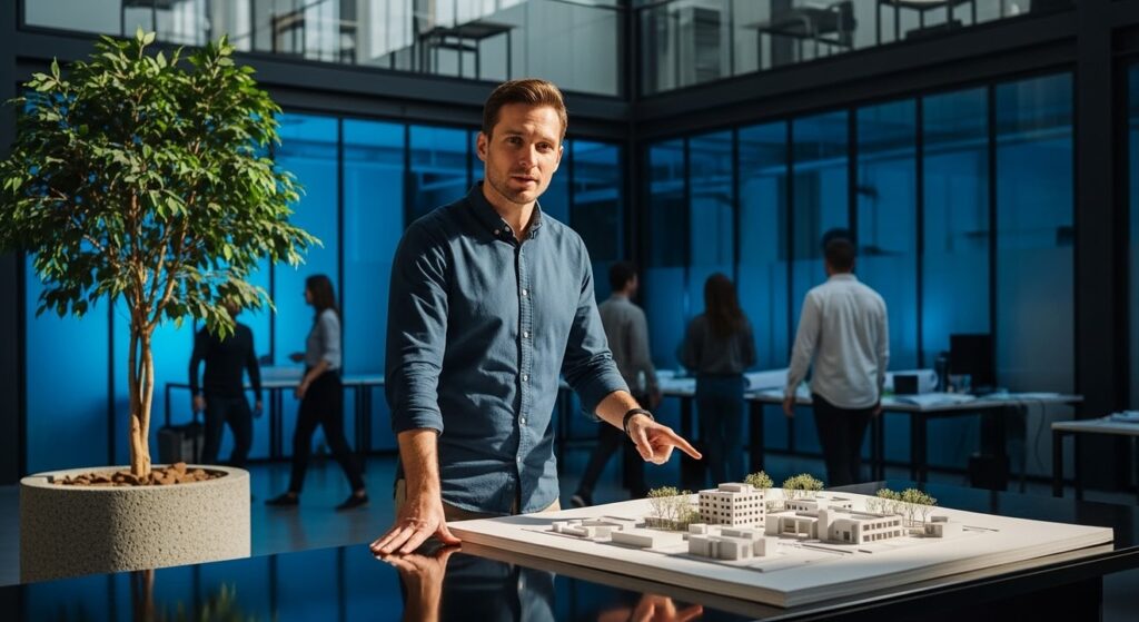 lider inspirado junto a maqueta en oficina moderna iluminada