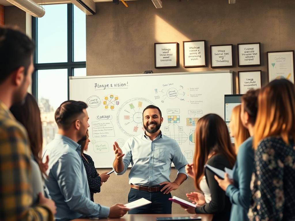 lider inspirador en oficina moderna equipo diverso luz calida y motivacion