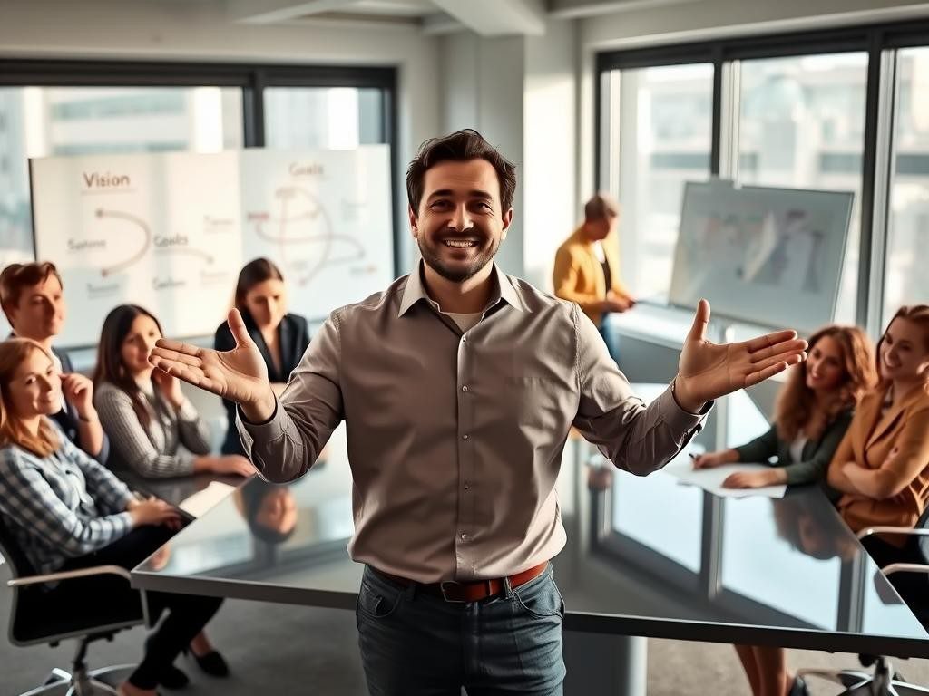lider inspirador en oficina moderna gesticula con pasion ante equipo atento