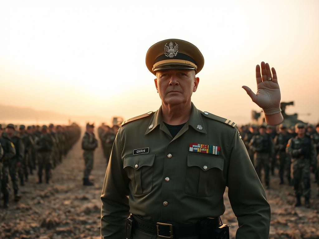 lider militar al amanecer rodeado de soldados en formacion en un campo