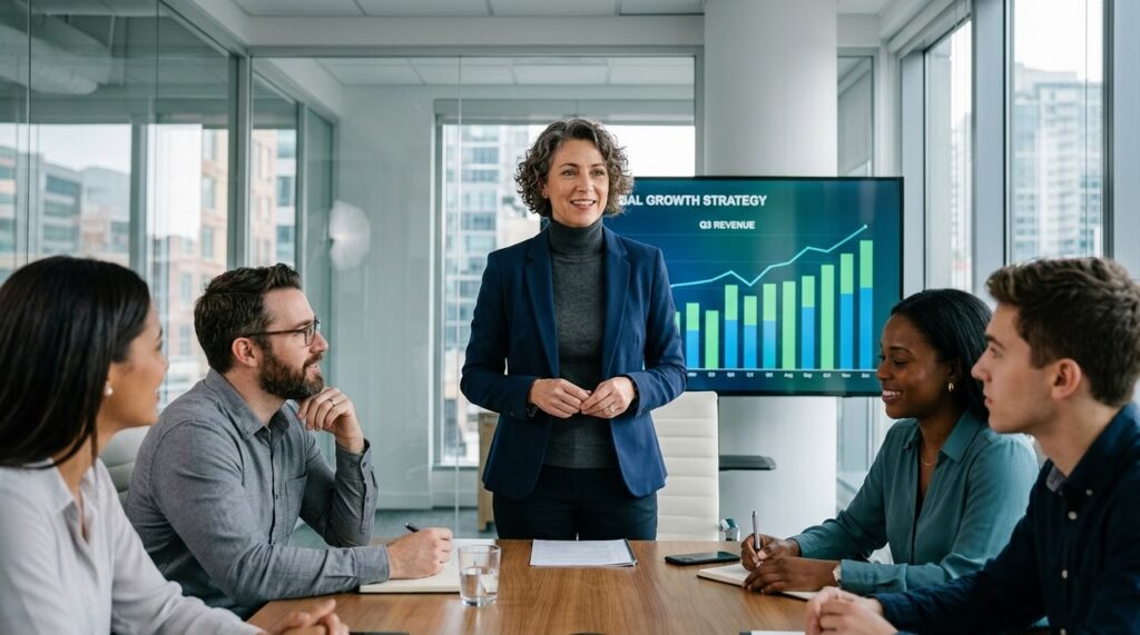 lider motivando a profesionales en mesa de juntas