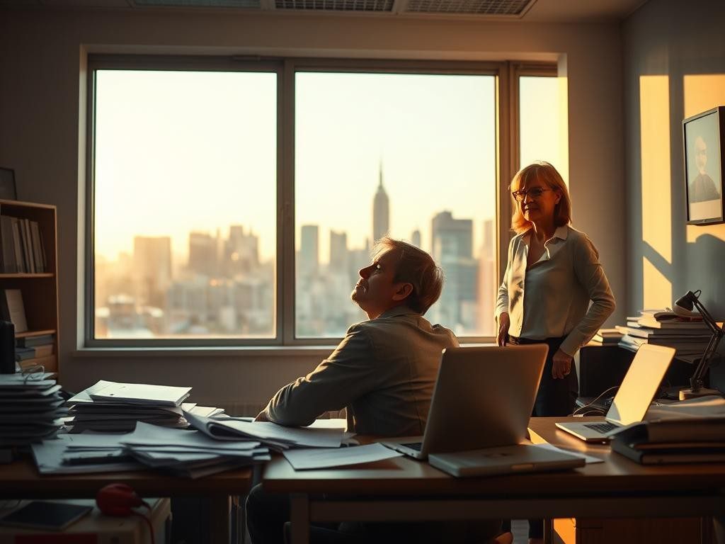 lider pensativo en oficina tranquila luz dorada y ciudad al atardecer