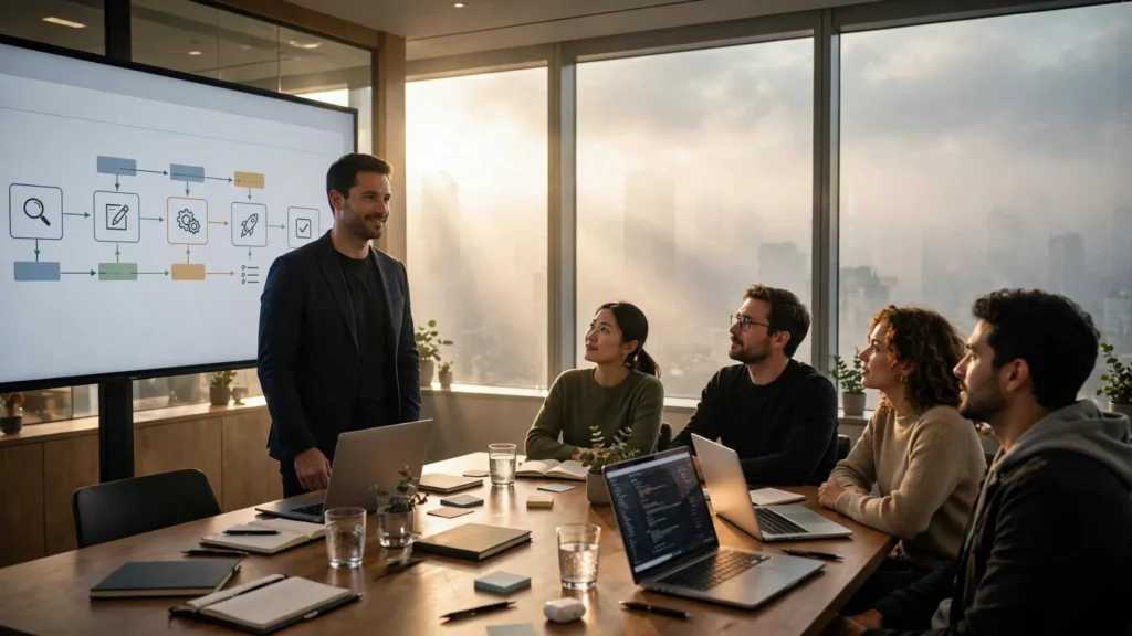 lider presentando un mapa de trabajo a su equipo