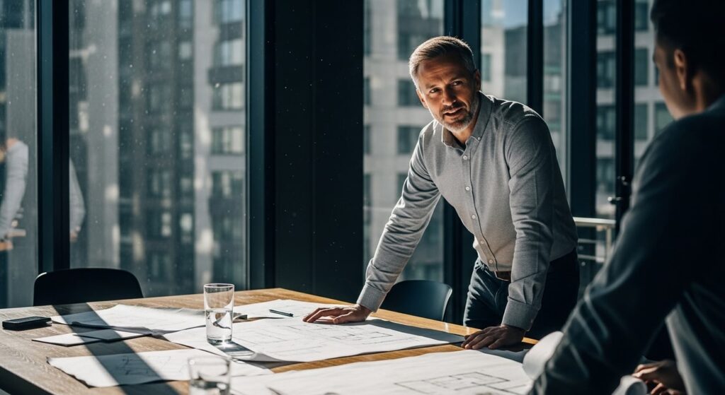 lider profesional en oficina iluminada revisa planos con optimismo