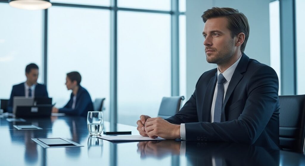 lider reflexivo en oficina moderna analizando decisiones con calma