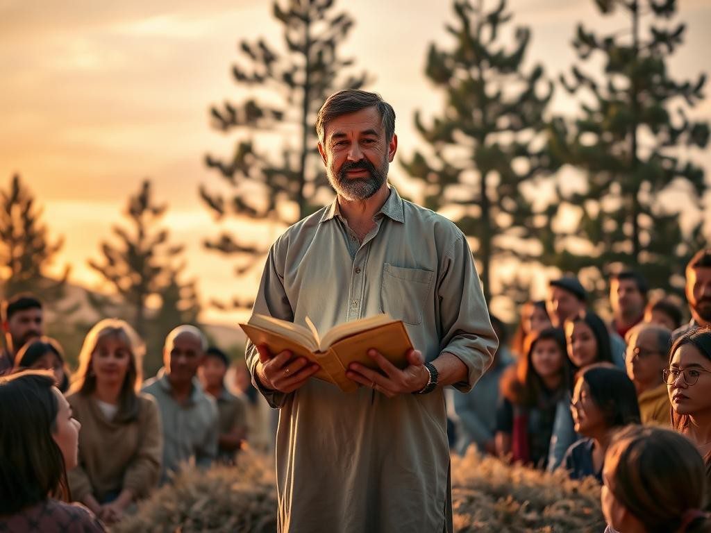lider sabio en colina al amanecer rodeado de personas libro brillante