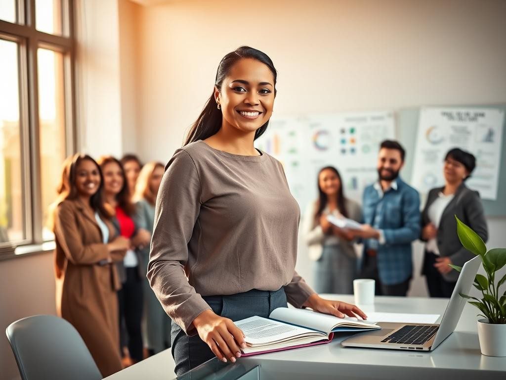 lider segura en oficina moderna rodeada de equipo atento y motivado