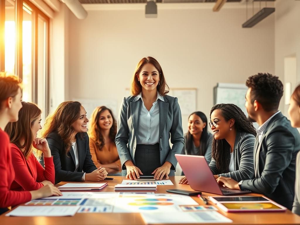 lider segura en oficina moderna rodeada de equipo diverso y colaborativo