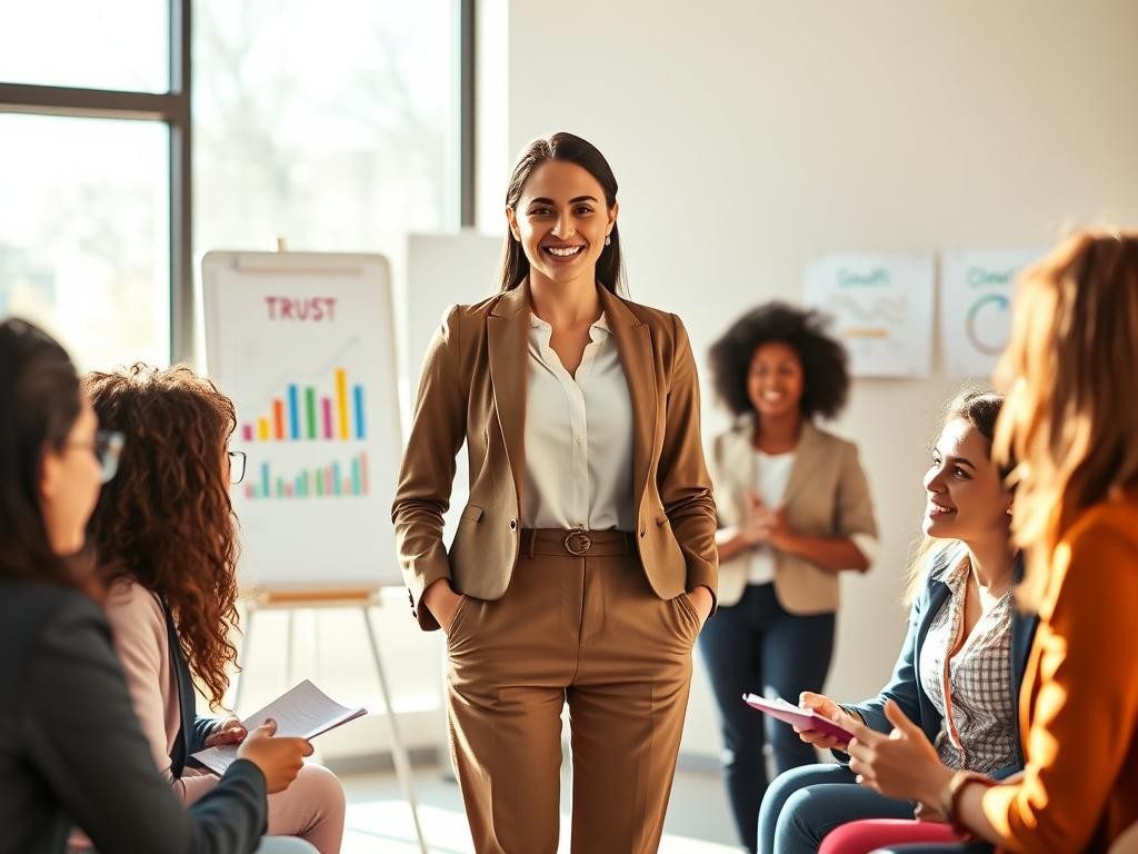 lider segura en oficina moderna rodeada de equipo diverso y motivado