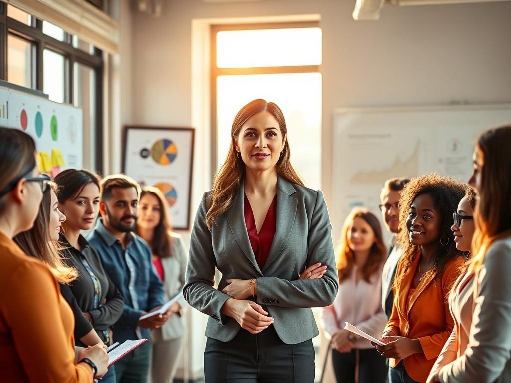 lider segura inspira a su equipo en oficina moderna llena de energia y ideas