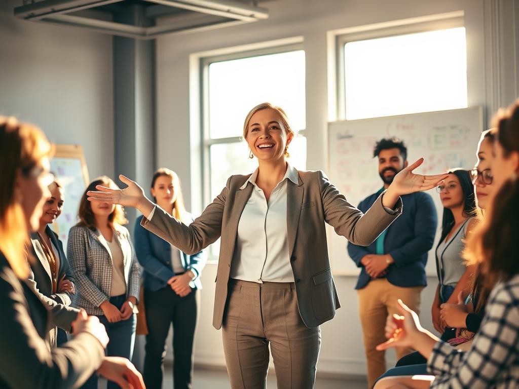 lider segura y sonriente en oficina luminosa inspirando a su equipo diverso