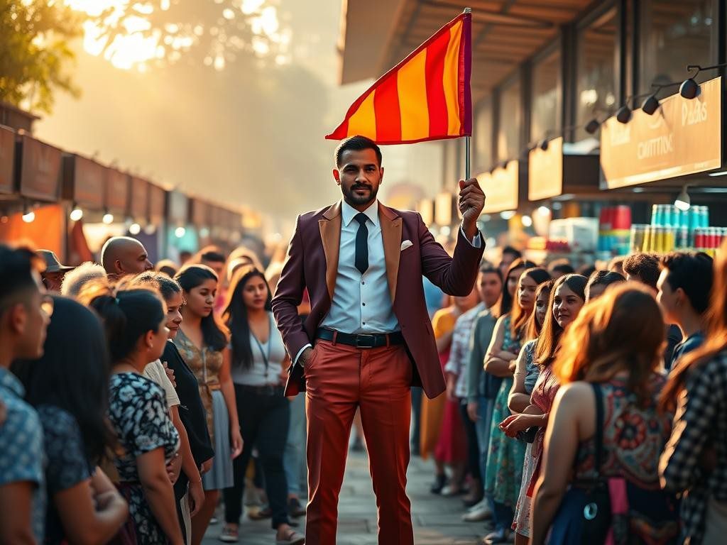 lider seguro en mercado matutino rodeado de gente bandera brillante y puestos coloridos